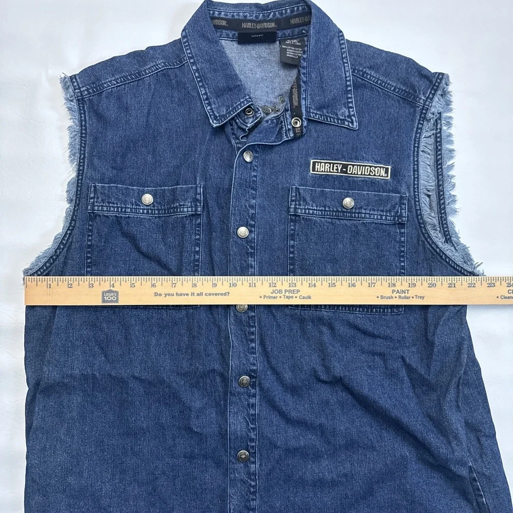 Harley-Davidson Embroidered Eagle Blue Frayed Denim Jean Mens Snap Vest Size X-L